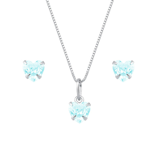 Conjunto de Coração Azul em Zircônia Prata 925